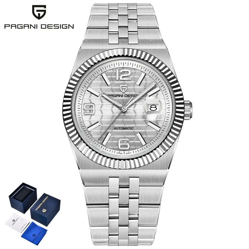 Pagani Design men's stainless steel automatic watch with 3D rhombus dial and AR sapphire crystal; includes box