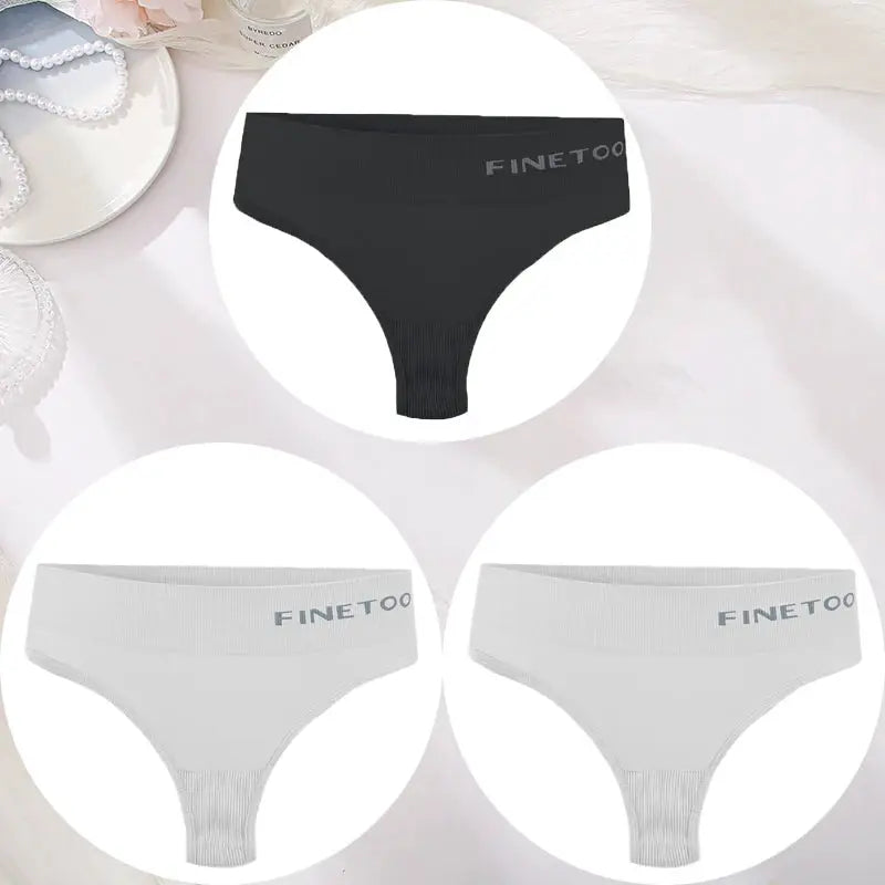 Finetoo 3-pack women's seamless high-waist thong underwear set, black and gray, sizes M–2XL