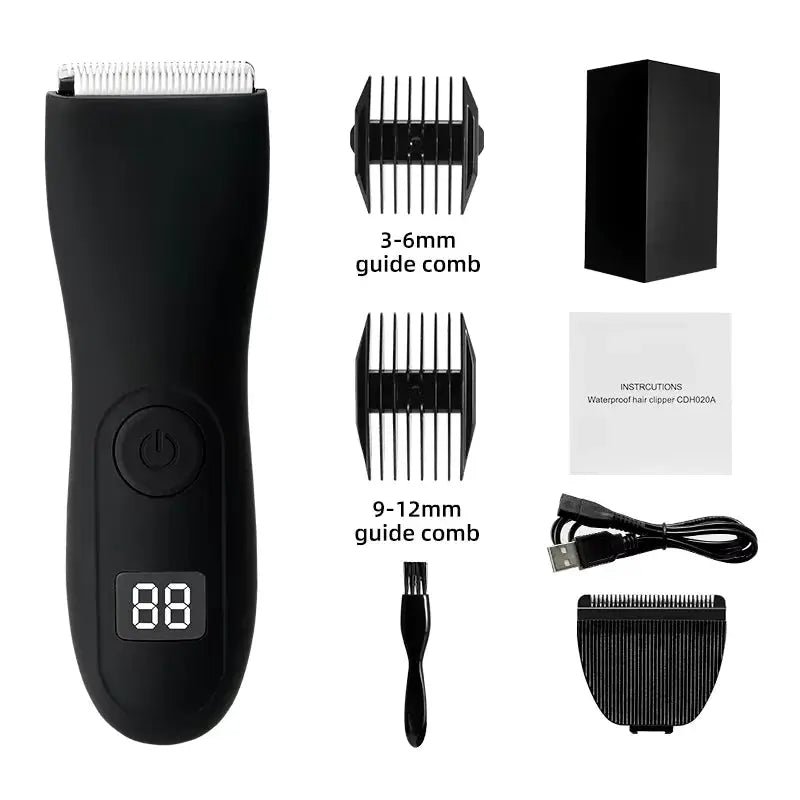 HOMEFISH body hair trimmer by Simples Market, black cordless grooming device with digital display, 3–6mm and 9–12mm guide combs, USB charger and brush.