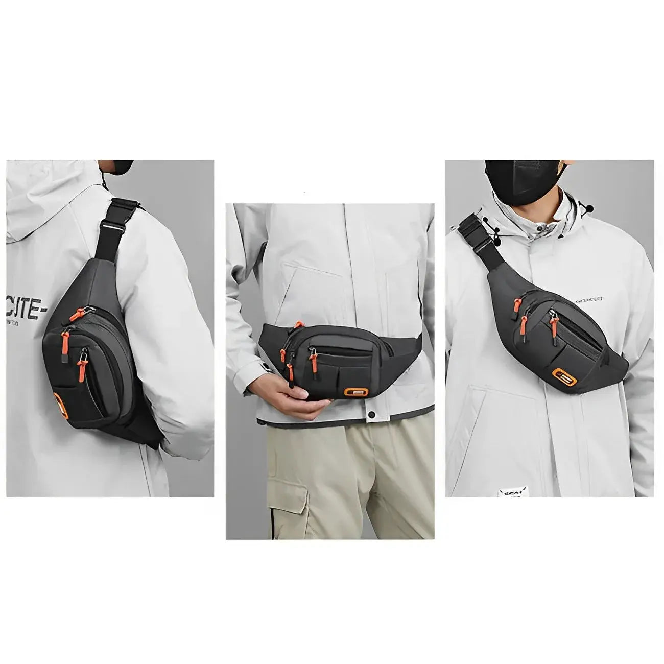 Simples Market Oxford waterproof waist bag, black crossbody fanny pack with orange zipper pulls and multiple pockets.