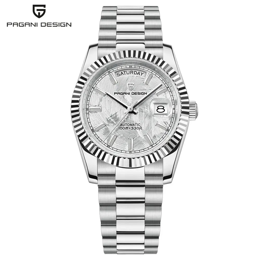 Pagani Design men's stainless steel automatic watch with day/date window and fluted bezel