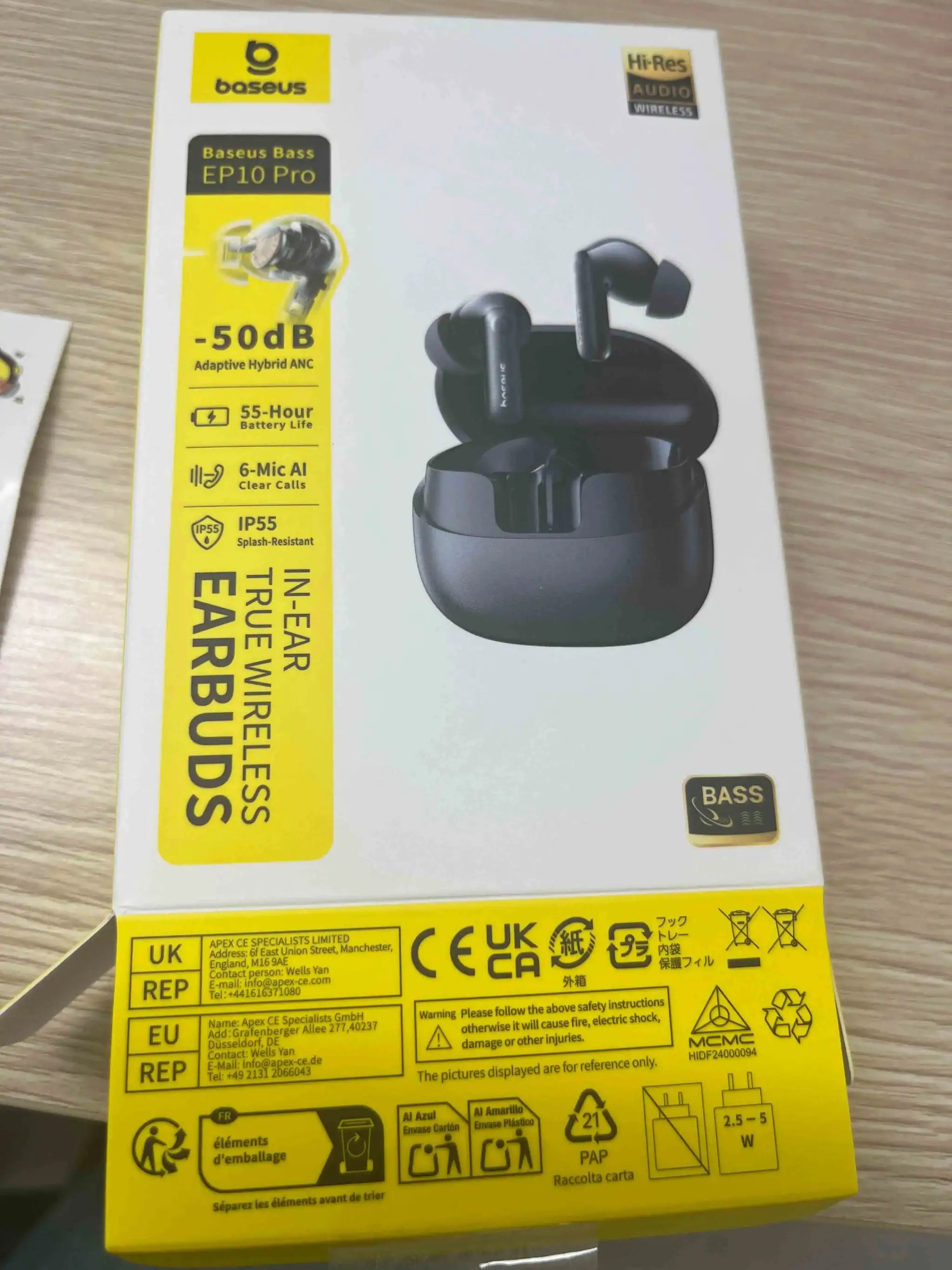 Baseus EP10 Pro ANC wireless earbuds in black with charging case; Baseus logo visible on packaging
