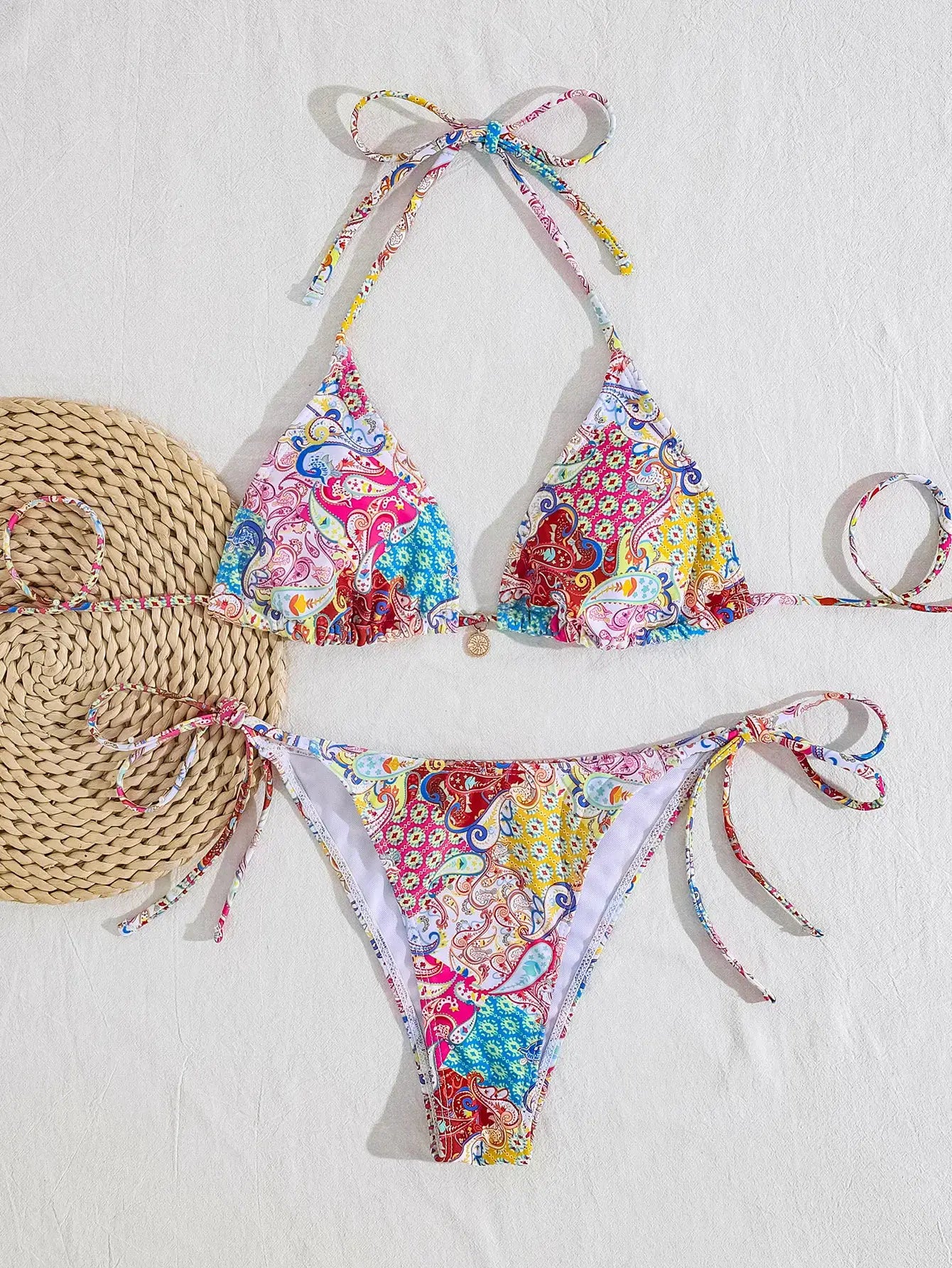 Women's bikini set by Simples Market; colorful paisley print, adjustable tie sides, two-piece swimsuit