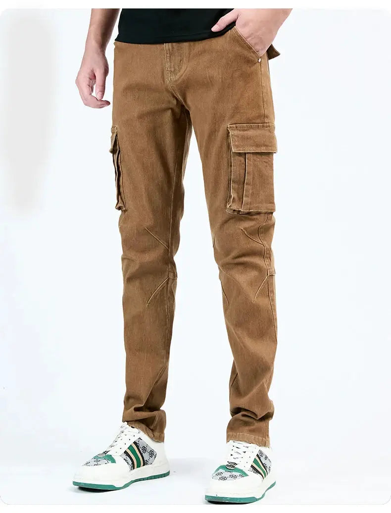 Men's denim cargo pants by Simples Market, brown washed with multiple pockets, slim fit