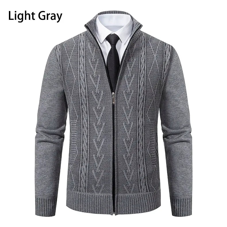Light gray knitted men's sweater coat with zip front and cable-knit panels.