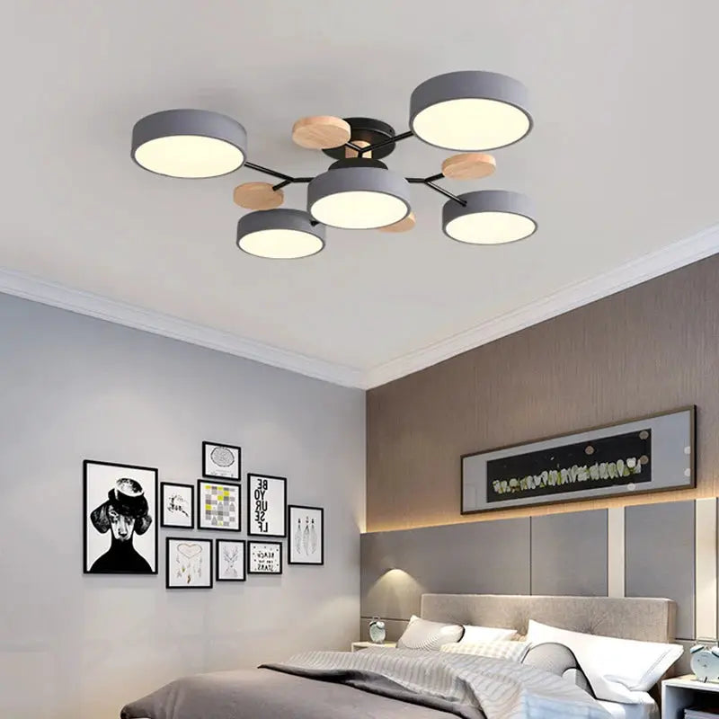 Simples Market modern LED chandelier with gray round shades and wood accents for living room or bedroom.