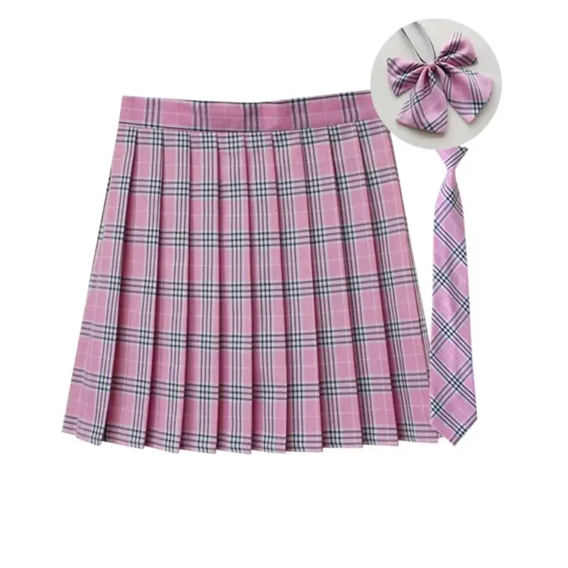 Women pink plaid pleated mini skirt with necktie bow, JK uniform style