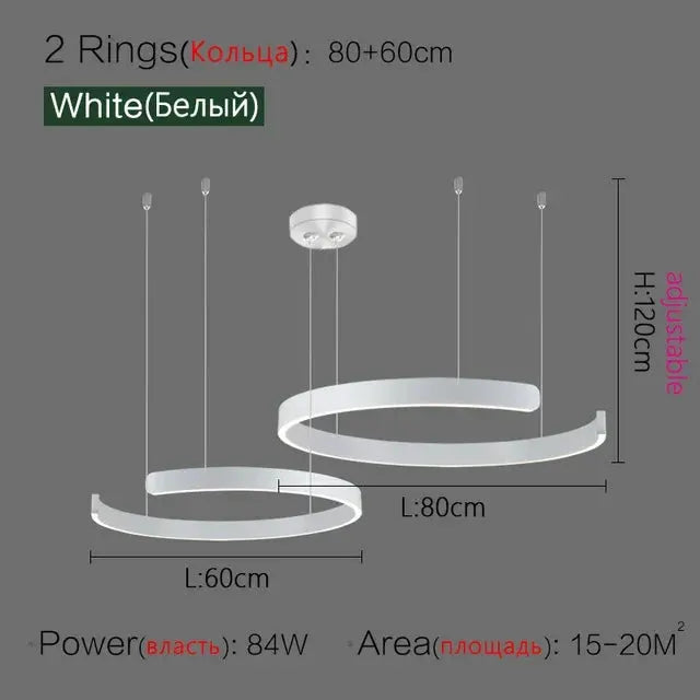 Two white Nordic ring LED pendant lamps by Simples Market, adjustable height chandelier