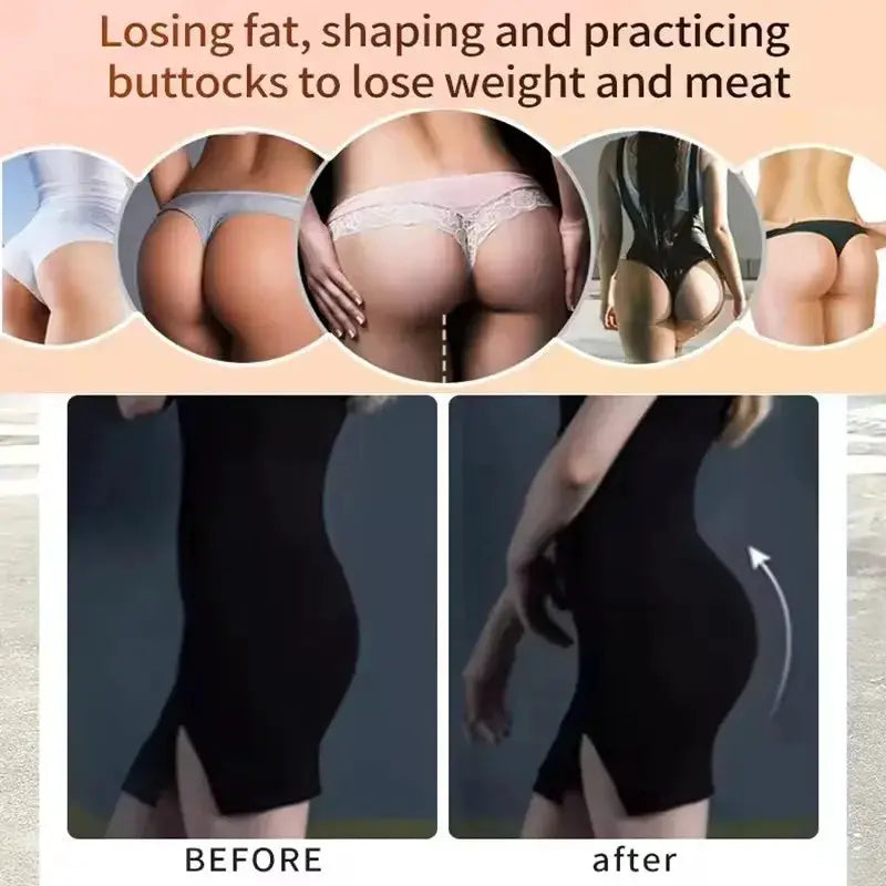 Electric EMS Hips Trainer butt muscle stimulator, black, USB rechargeable, before and after comparison