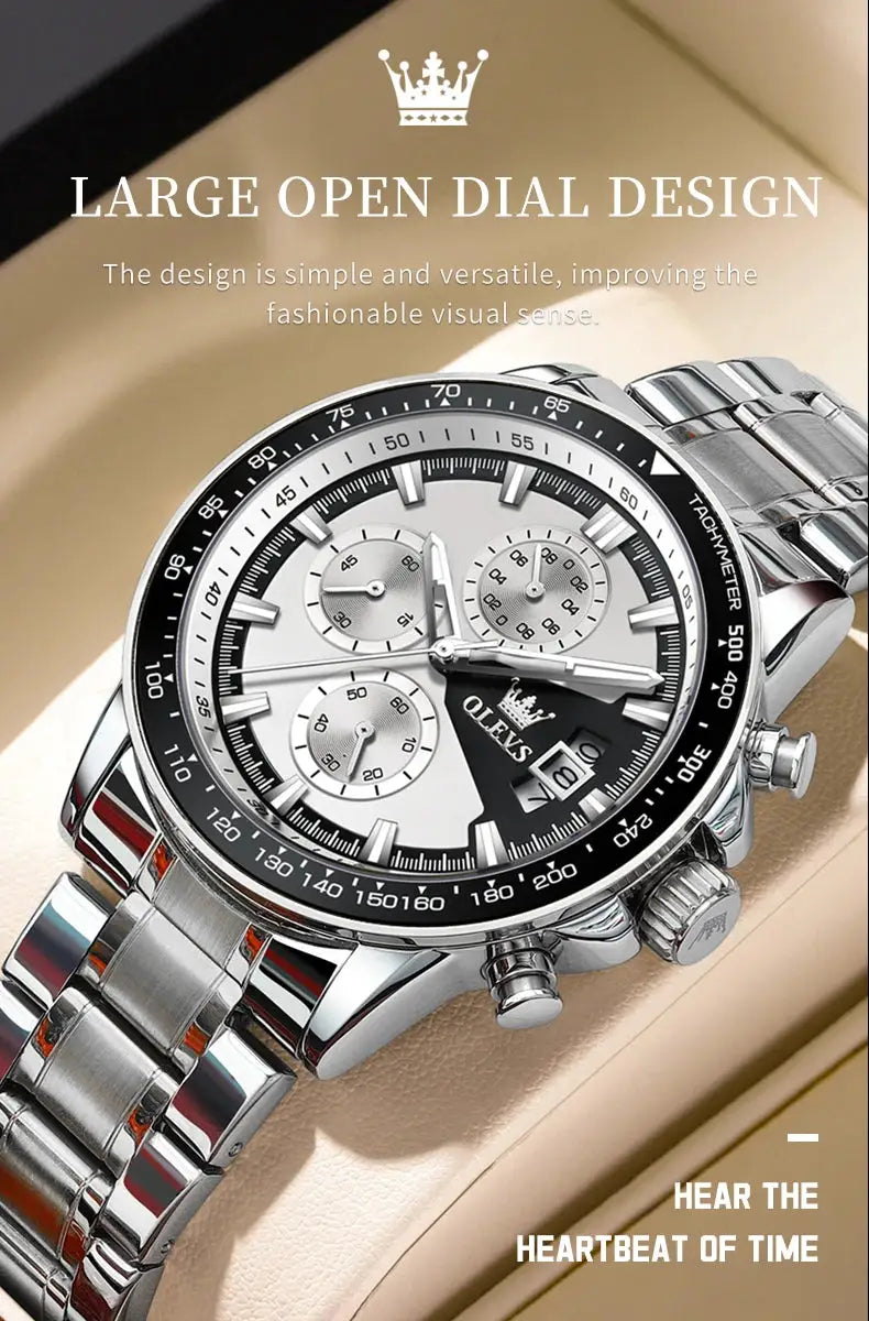OLEVS TY705 men's watch with stainless steel bracelet, luxury waterproof, luminous chronograph.