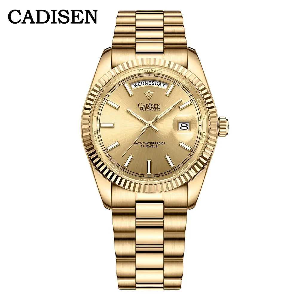 CADISEN DD40 gold-tone men's automatic wristwatch with day and date windows.