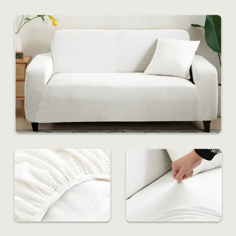 Simples Market Elastic Jacquard Sofa Cover for 1–5 seater sofas in white; snug stretch slipcover.