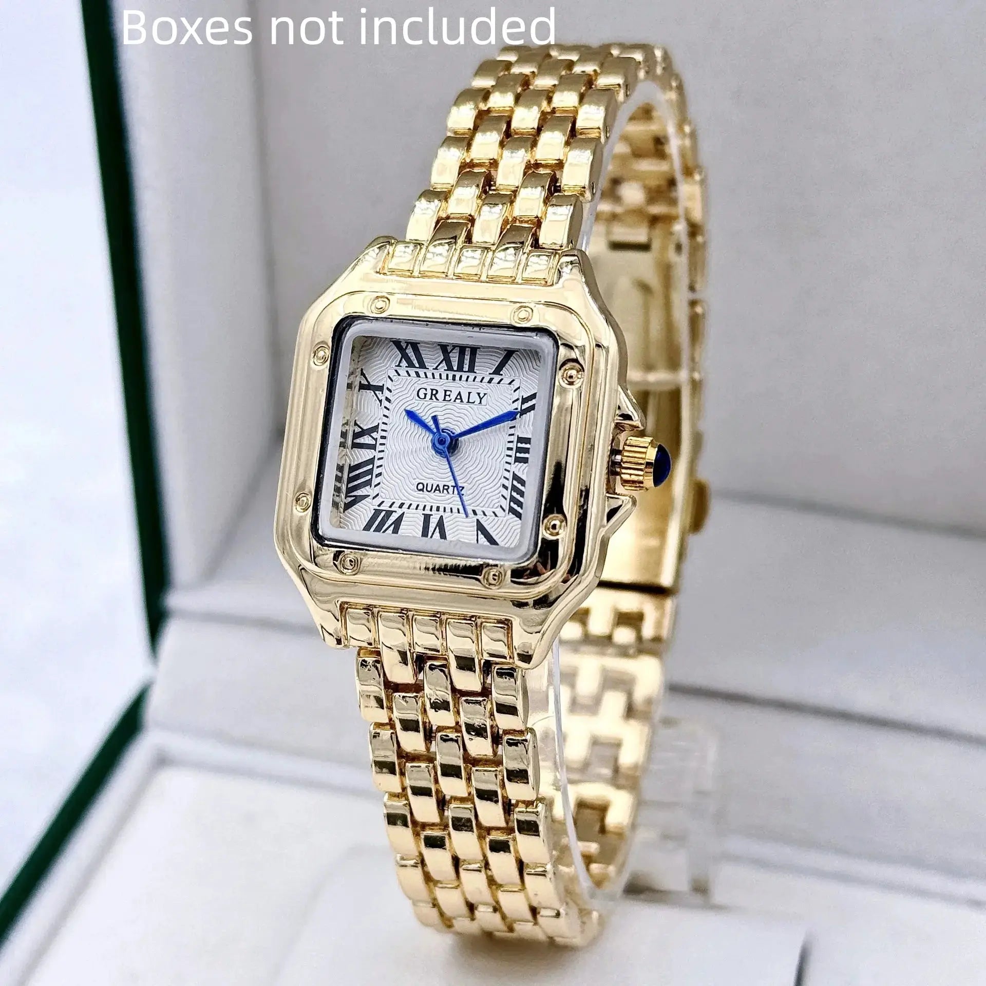 Gold-tone women's stainless steel wristwatch with square face and blue hands