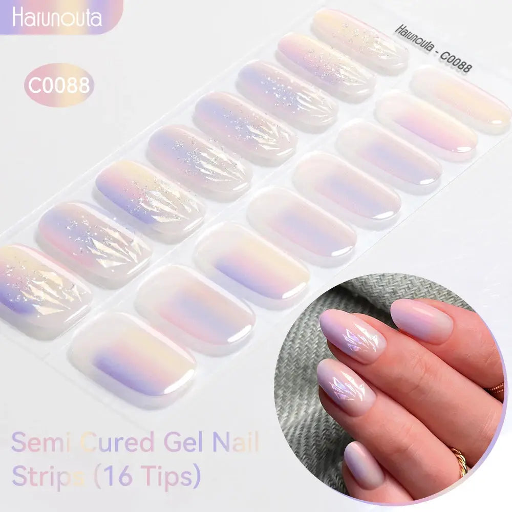 Gradient Auroras semi-cured gel nail strips, 16 pastel iridescent tips with sparkle by Harunouta