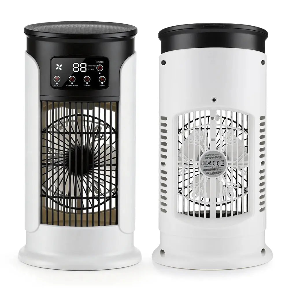 Two white portable air conditioner fans with black tops, LED display, and front grills.
