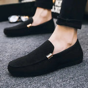 Men's black canvas slip-on loafers with gold-tone hardware