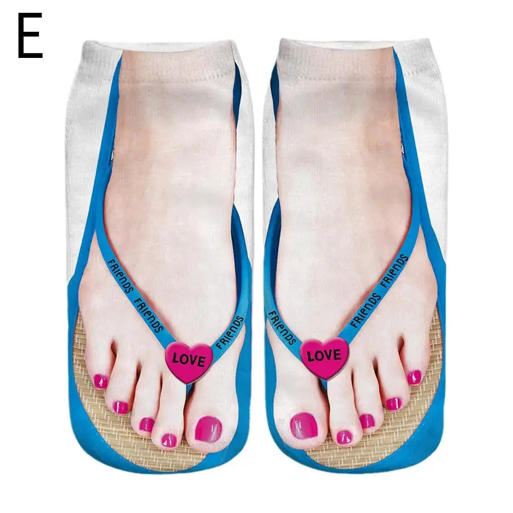 Women 3D Printed Pattern Flip Flop Socks Low Cut Ankle Socks Novelty Hosiery Gift Pair