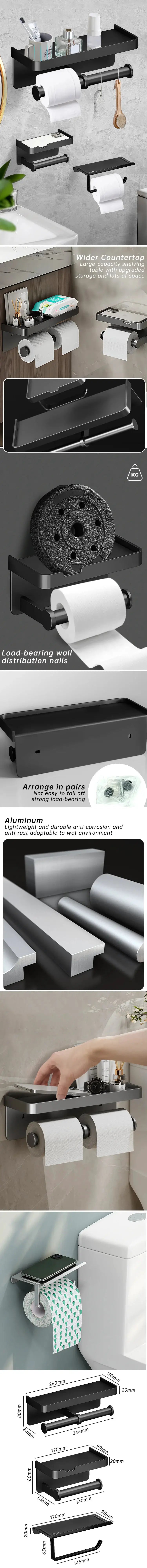 Aluminum alloy wall-mounted toilet paper holder with shelf and phone stand in black by Simples Market.