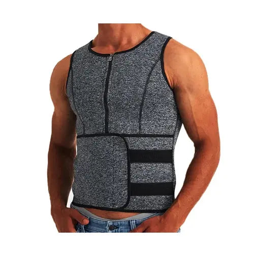 Men waist trainer sauna vest in grey heather with black straps and front zipper