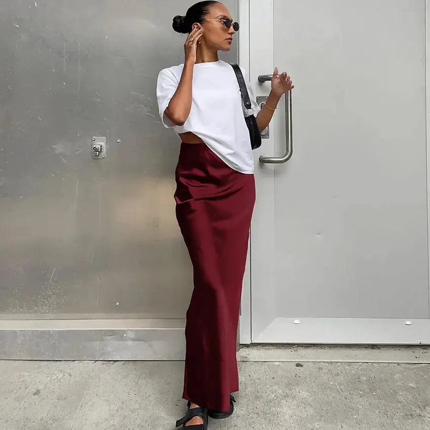 Simples Market satin burgundy trumpet long skirt, high-waist office style