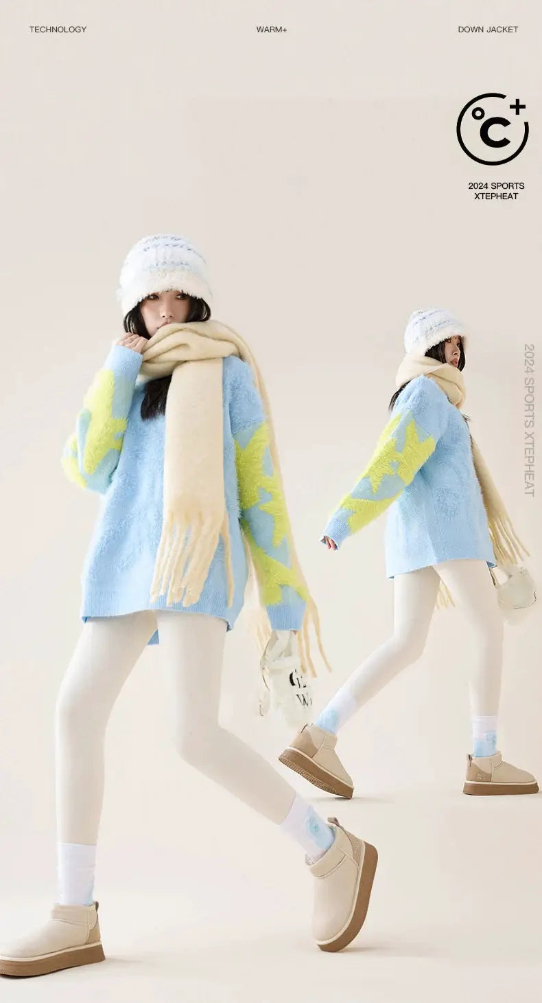 Two models wear BIVIGAOS fleece-lined high-waist leggings in white, seamless slim-fit velvet thickened warmth