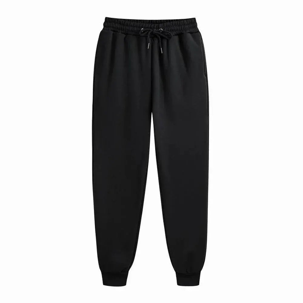 Men's black fleece jogger sweatpants with drawstring waist and cuffed ankles