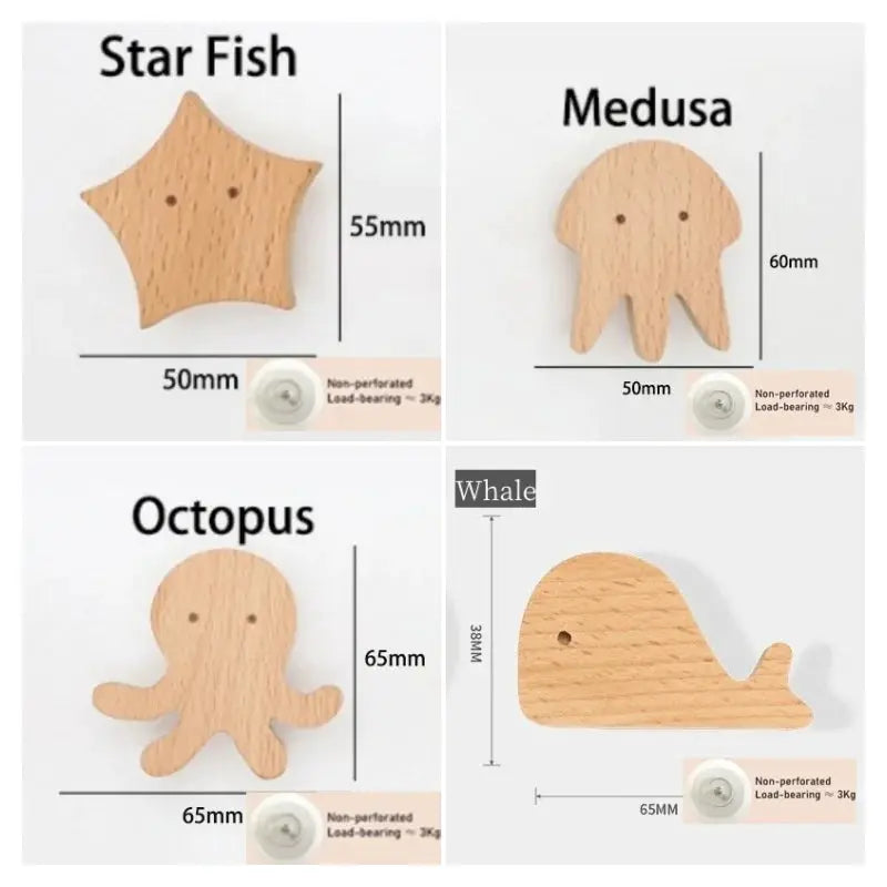 Cute wooden animal wall hooks set by Simples Market with starfish, medusa, octopus and whale shapes in natural wood