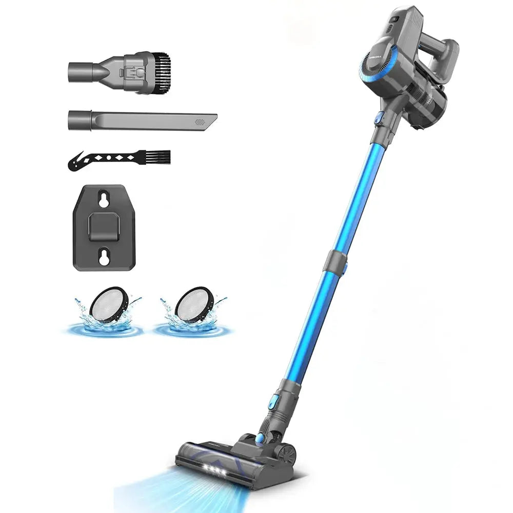 YISORA N300 cordless upright vacuum with blue wand and tool attachments