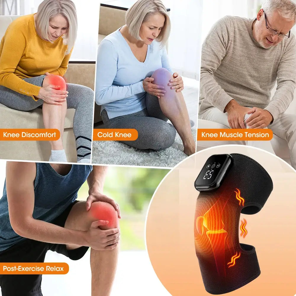 Electric heated knee massage pad with 3 heat levels and vibration, wearable knee brace for joint warmth and relief.