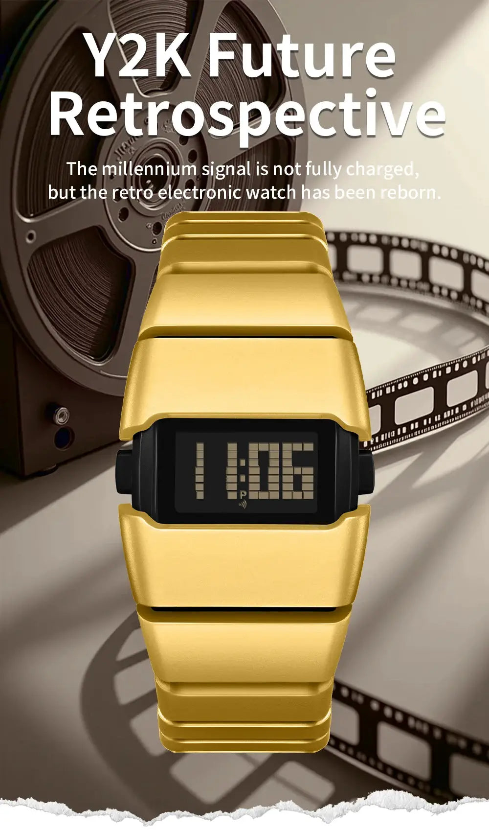 SANDA 9504 digital watch with gold bracelet; retro Y2K style, night-light display, 5ATM waterproof, snooze alarm