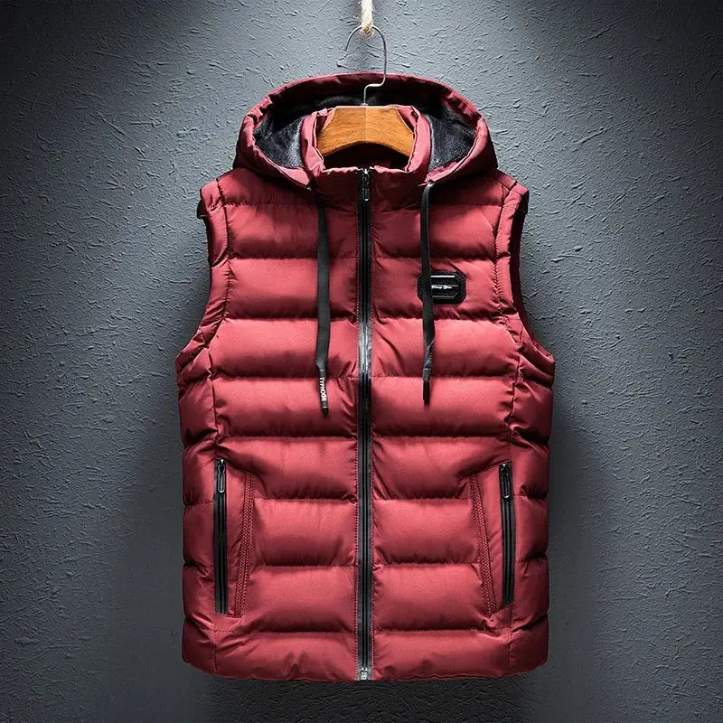 Mens sleeveless hooded vest by Simples Market, red quilted cotton-padded with front zipper pockets