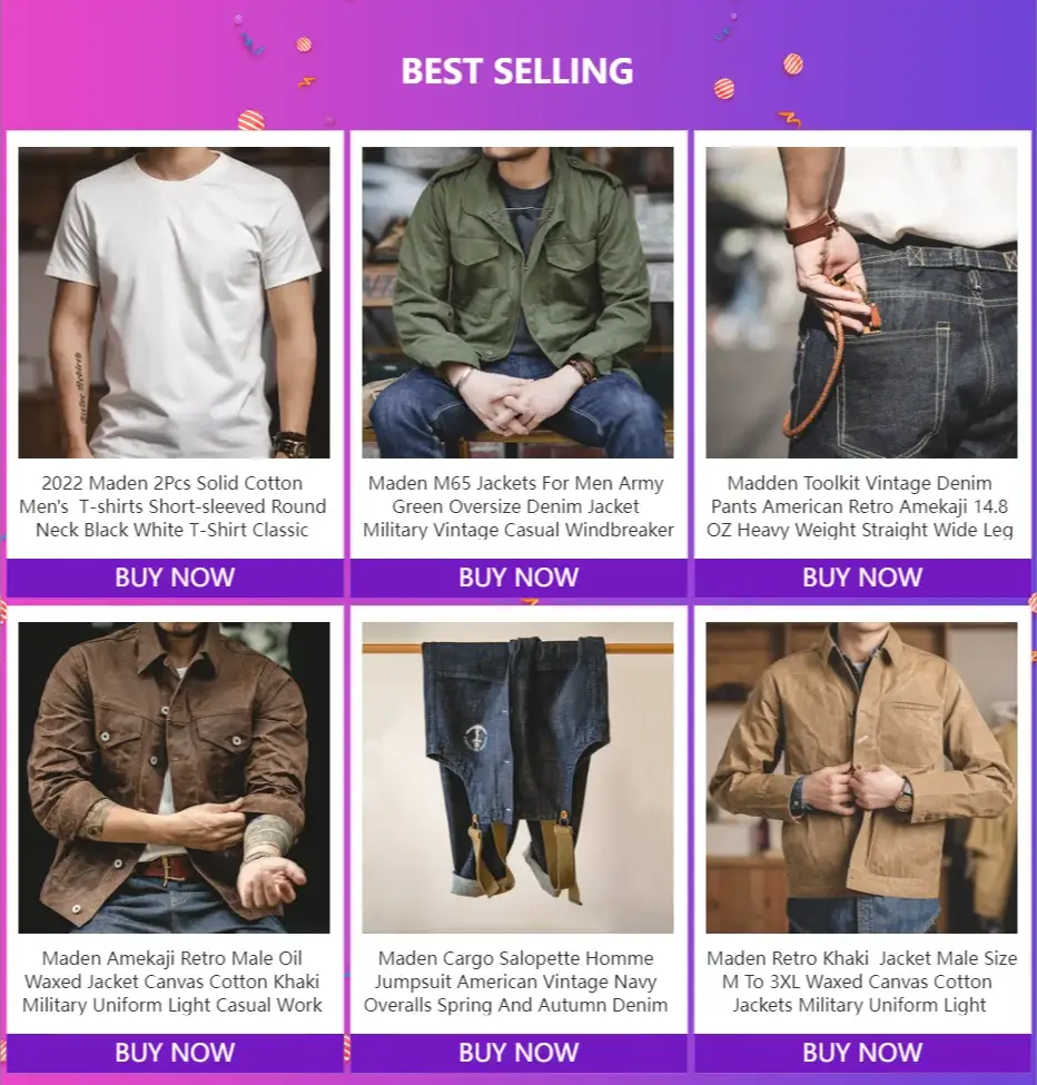 Maden Vintage six-item menswear collage: white T-shirt, green jacket, blue jeans, brown suede jacket, denim overalls, tan jacket