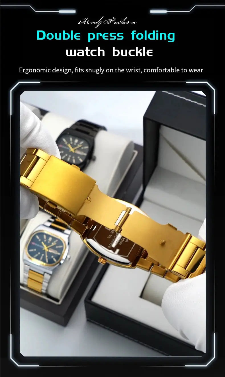 Men's gold-tone stainless steel watch with folding clasp; shown among black-dial and two-tone models.