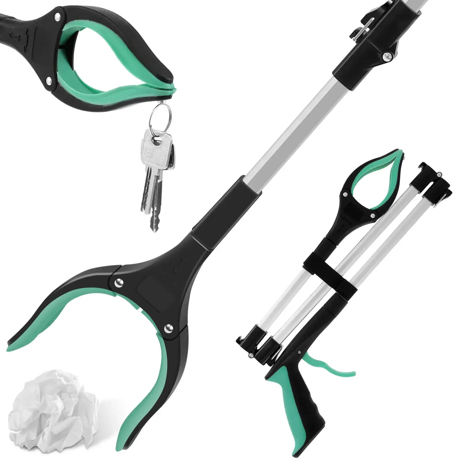 Foldable gripper extender litter picker by Simples Market with extendable shaft, non-slip jaws, green/black handle