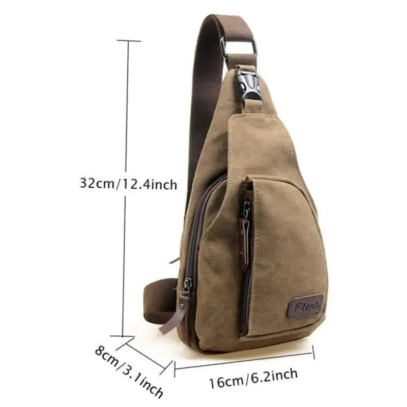 New men's vintage canvas sling bag by Simples Market; tan shoulder pack with front zip pocket and adjustable strap.