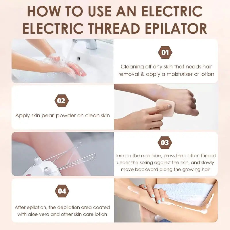 Simples Market electric threading epilator usage guide infographic showing skin prep, threading, aftercare.