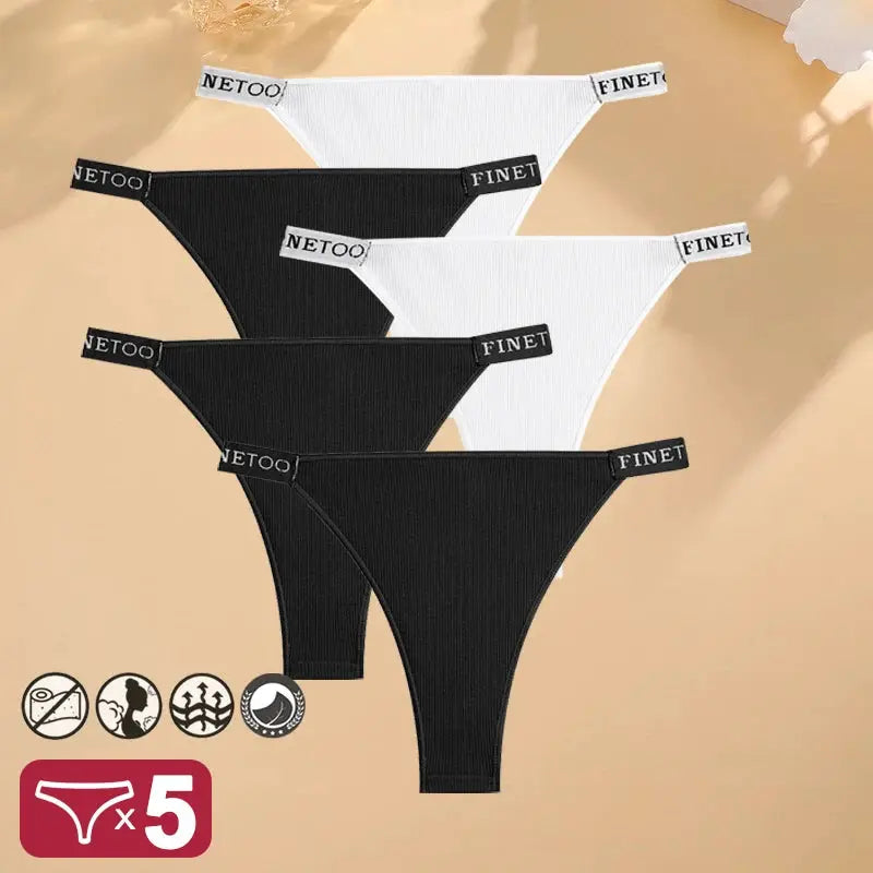 5-piece set of women's cotton low-rise panties in black and white with NETOO and FINET branded waistbands