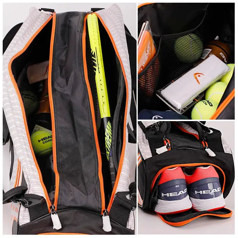 HEAD tennis racket backpack; large capacity for 3–6 rackets with separated shoes compartment, black with orange zippers