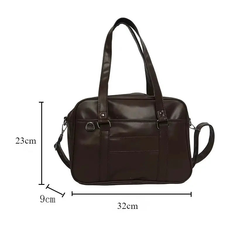 JK bag in brown PU leather with top handles and detachable crossbody strap, Japanese style, 32x23x9 cm