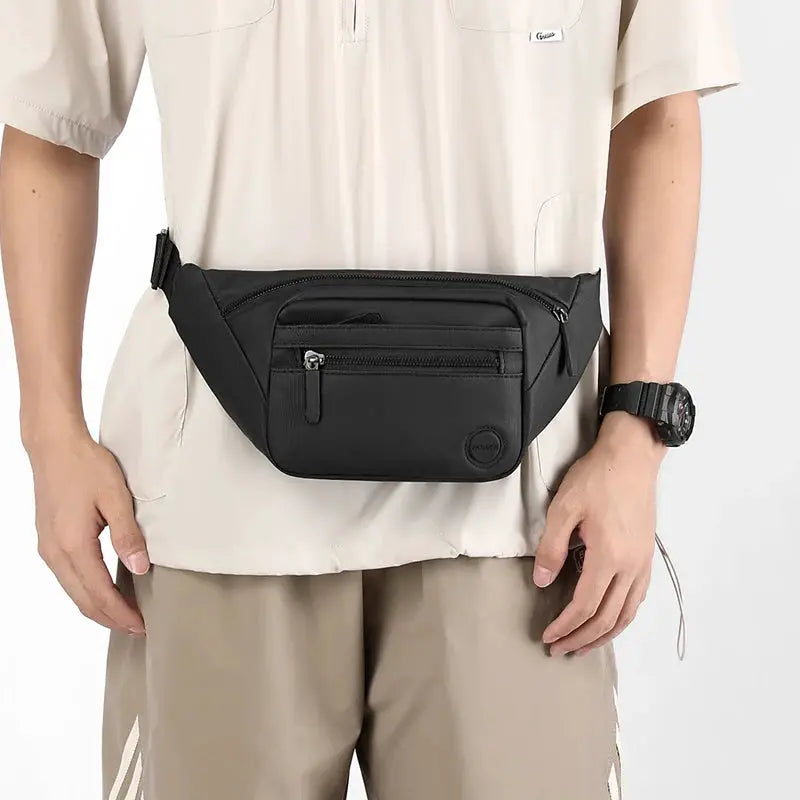 Unisex waterproof waist bag by Simples Market, black belt pouch with front zip pocket