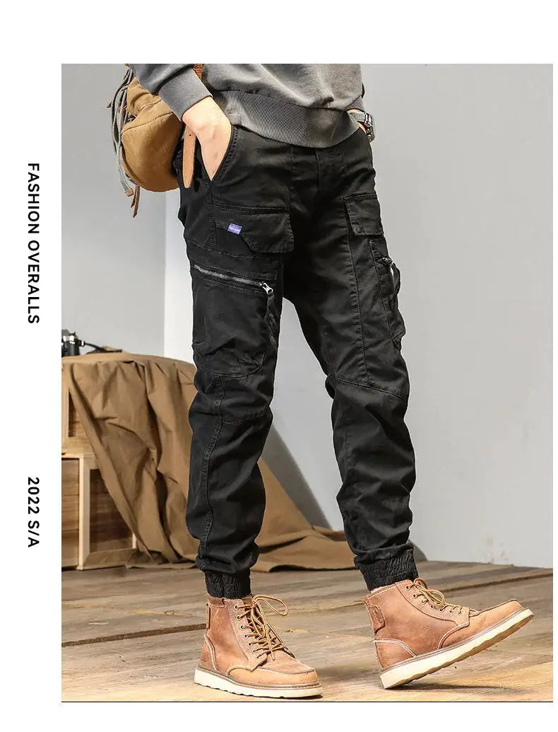 CAAYU men's black cargo joggers with multiple pockets, zip pockets, and elastic cuffs
