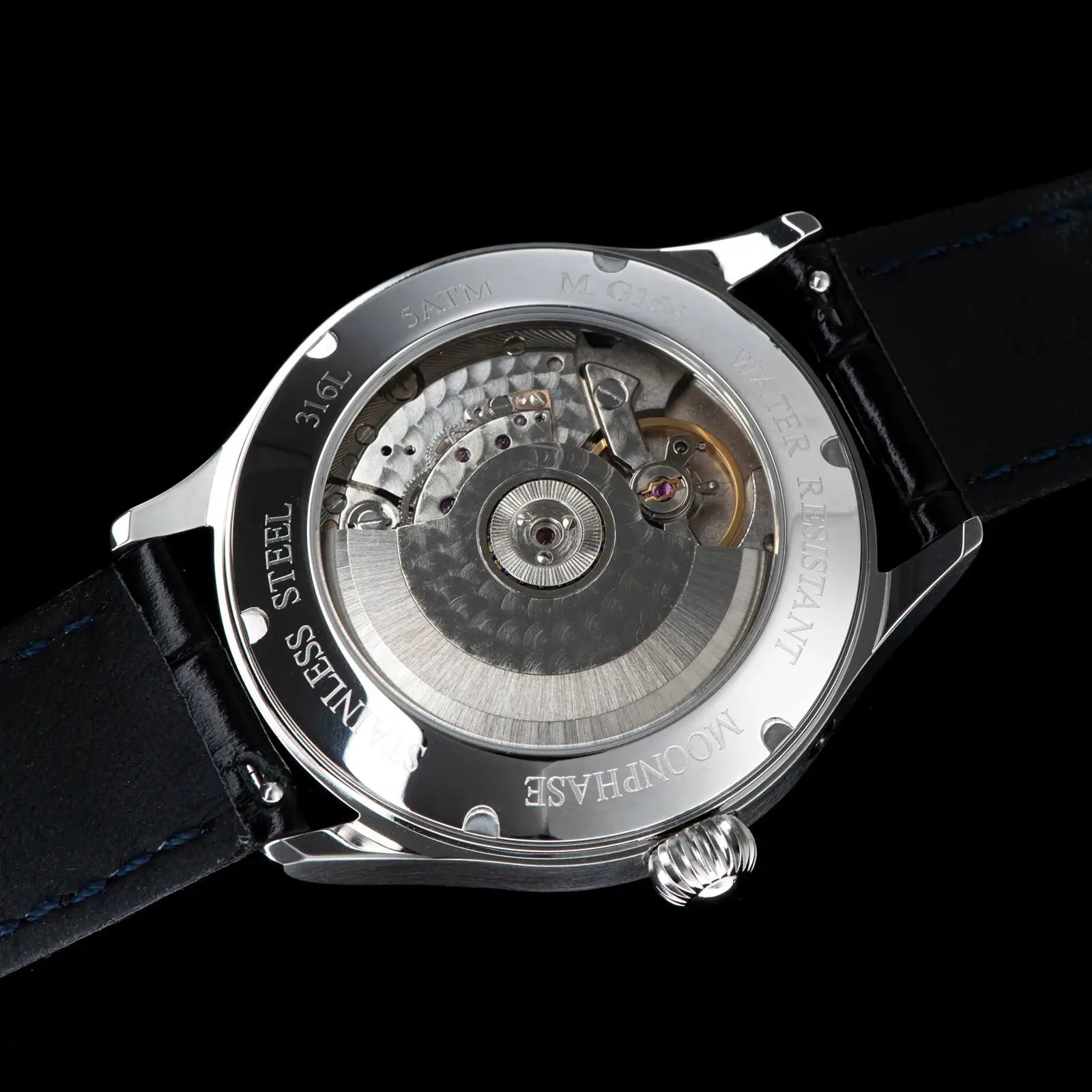 Sugess Tianjin ST25 automatic mechanical watch with transparent caseback, stainless steel case, and black leather strap