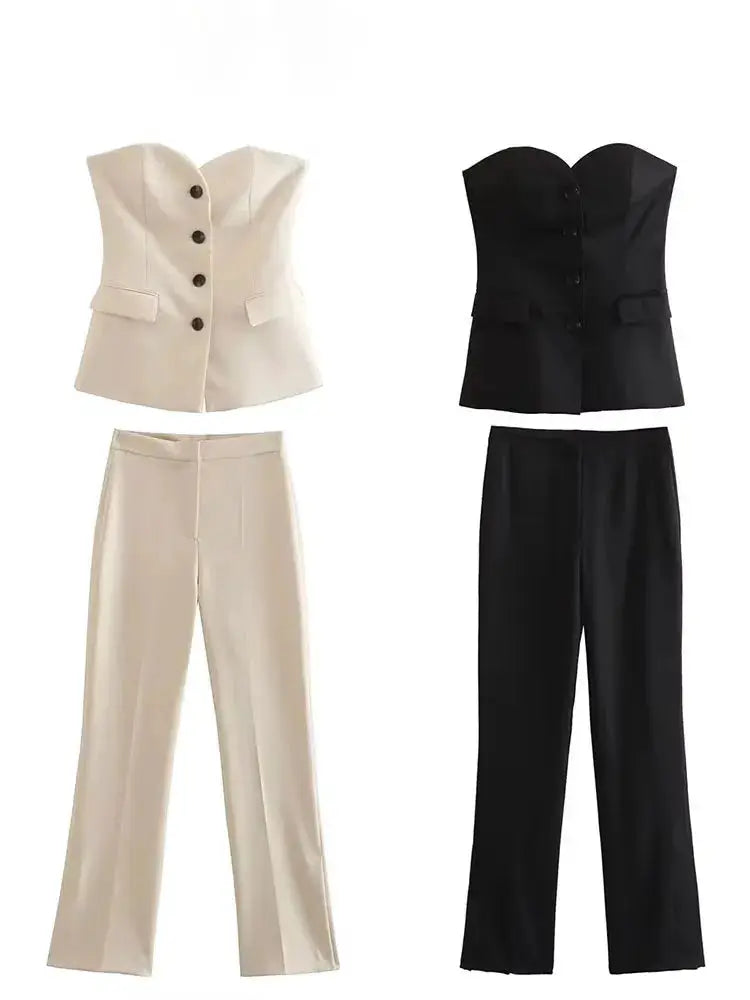 Women Elegant Strapless Tank Top Pant Suit With Side Slit Trousers