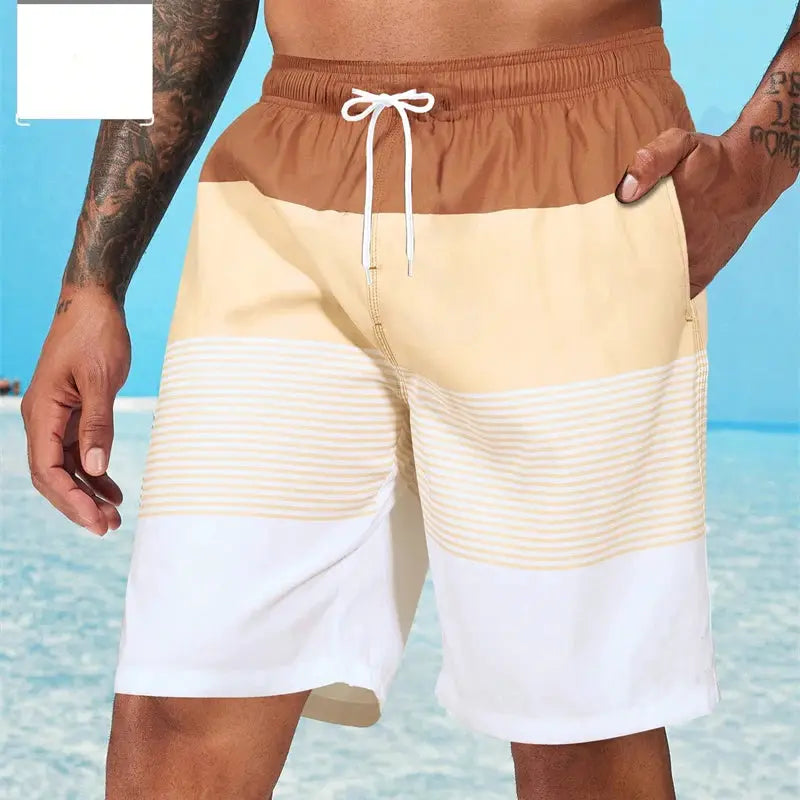 Simples Market Sea Beach Casual Stripe Mens Board Shorts, tan beige and white color-block, quick-dry with drawstring