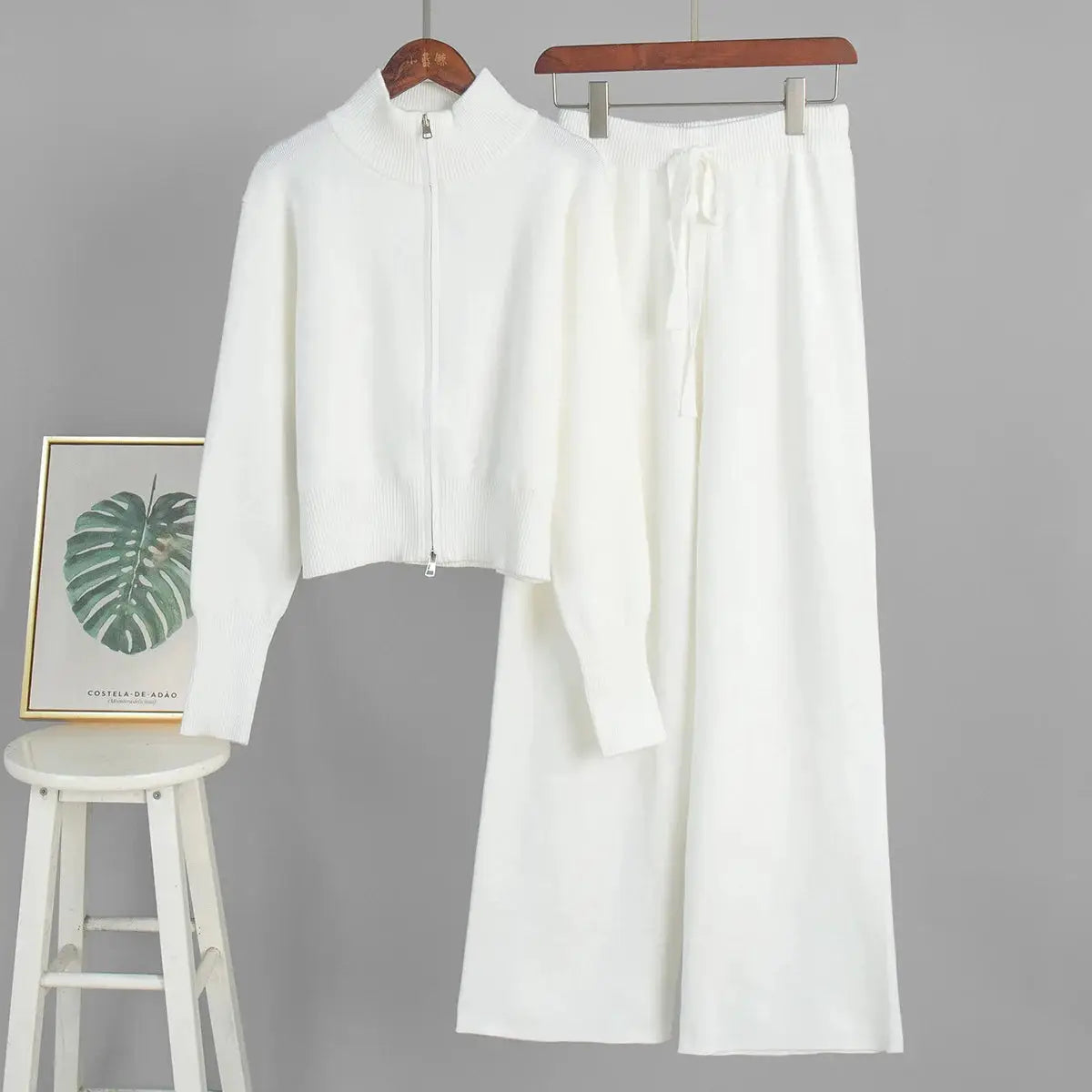 Bornladies Knit Zip Up Cropped Cardigan With Wide Leg Pants Set Women
