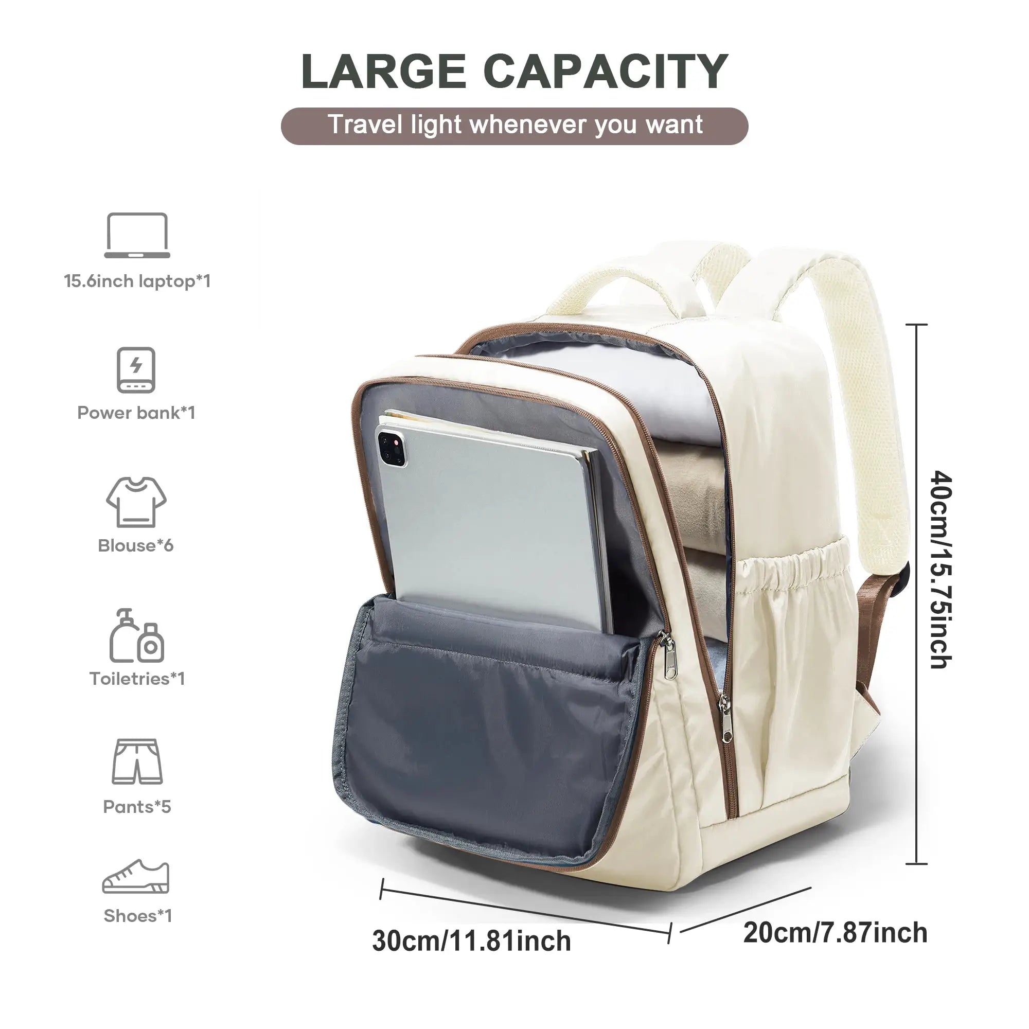 Simples Market cabin travel backpack beige with grey front pocket, fits a 15.6-inch laptop; 40x30x20 cm carry-on