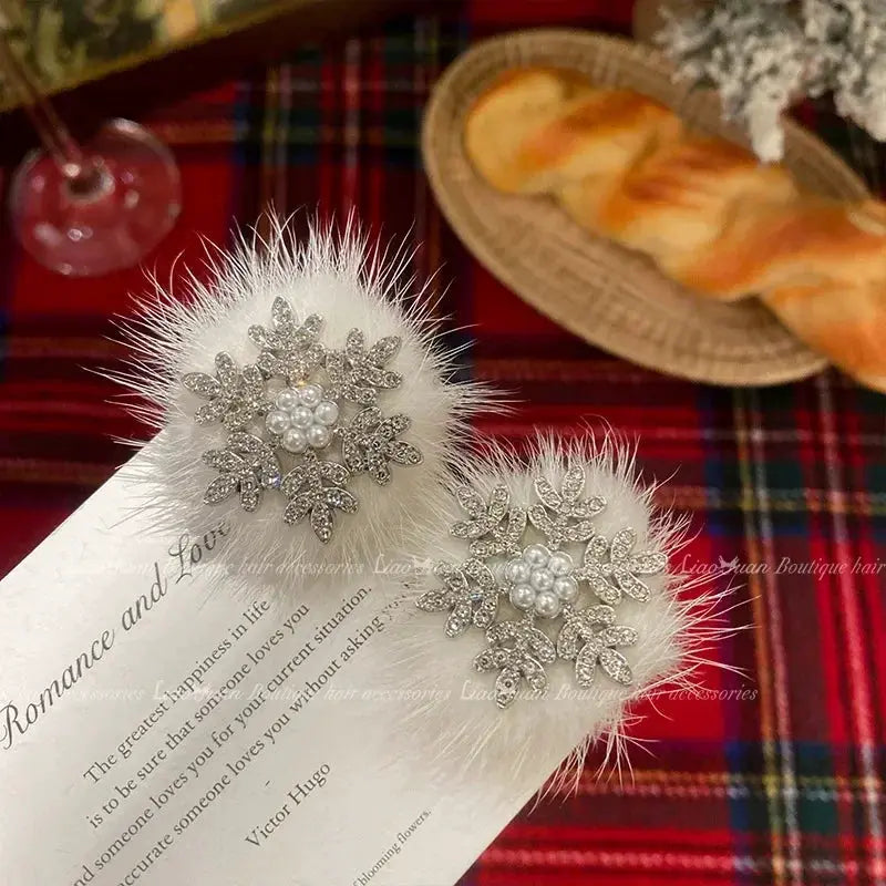 AuroraGlow Plush Fur Snowflake Hair Clips 2 Pack For Women Sparkling Rhinestone Accents Festive Hair Accessories