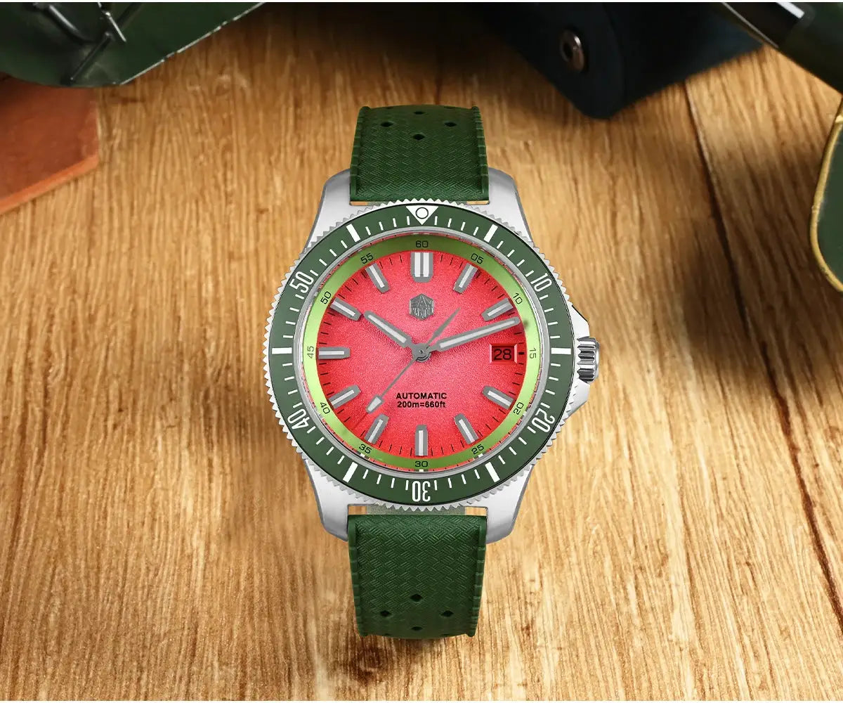 San Martin 40mm dive watch with red dial, green bezel, green strap, NH35 automatic, 200m water resistant.