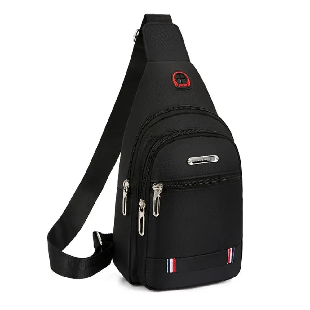 Men's black Oxford cloth crossbody messenger bag with multiple zip pockets