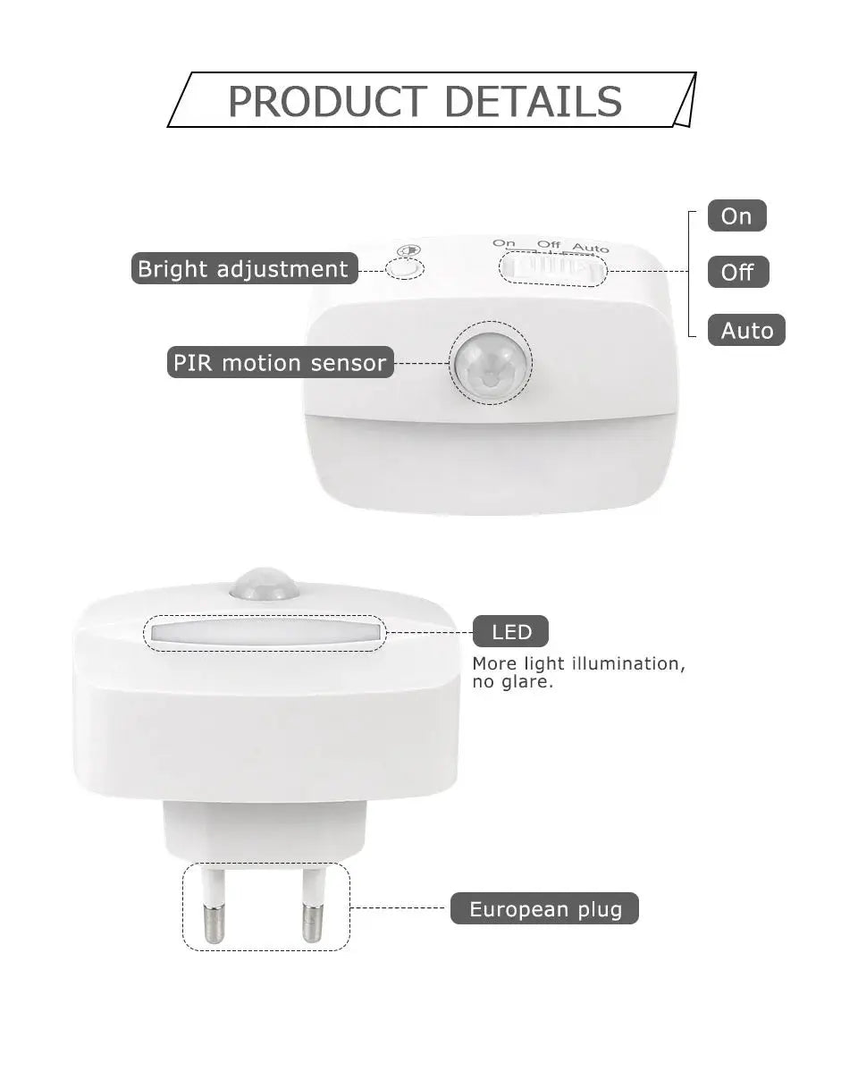 Simples Market wireless LED motion sensor night light, plug-in with European plug, PIR sensor, auto mode